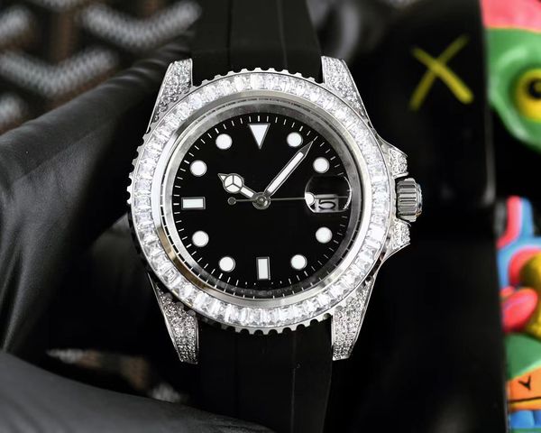 

6 type men's watches with square diamond zircon 40mm automatic mechanical movement rubber watch band super luminous, Slivery;brown