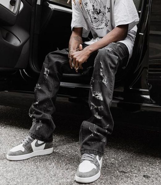 

hole ripped jeans men pants streetwear straight washed casual denim trousers loose jean46054483484605, Blue