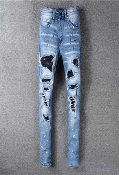

classic printed embroidery designer mens jeans motorcycle hole luxury denim men039s fashion street wear men pants4023076, Blue