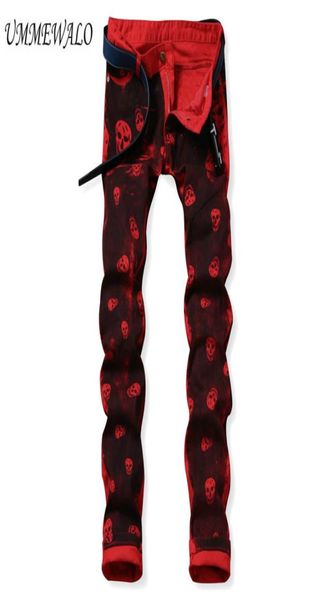 

whole ummewalo skull printed jeans for men casual slim straight jeans designer red pants mens brand printing trousers jeans h7794195, Blue