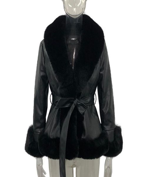 

leather short jackets womens fashion tie belt waist coats women elegant side pockets faux fur jackets female ladies for mother031952340, Black