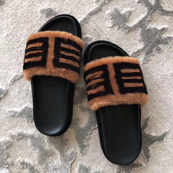 

luxury fur slippers designer trendy fur sandals ladies women men fluffy shearling h wool slippers flat bottom slippers winter fashion home o, Black