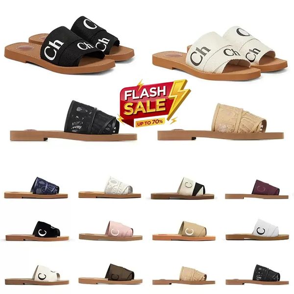 

designer chloes sandal woody sandals for women mules femmes flat fur slides wedge sandles beige white black pink canvas slippers womens oran