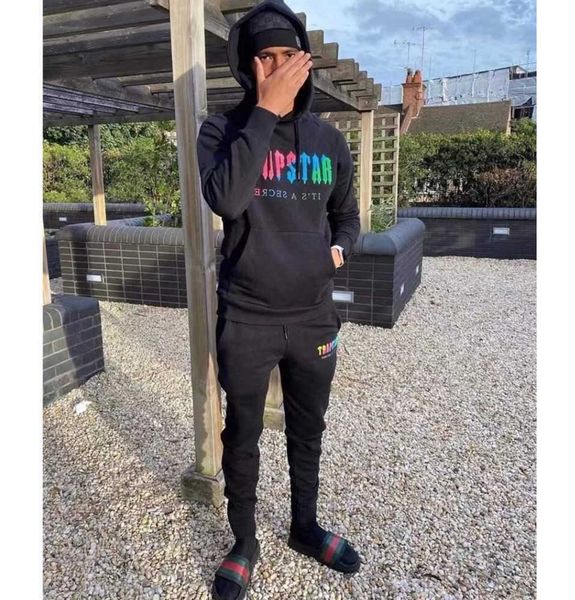 

hoodie trapstar full tracksuit rainbow towel embroidery decoding hooded sportswear men and women sportswear suit zipper trousers, Black