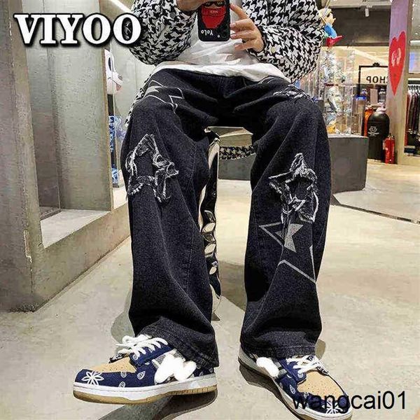 

men's jeans vintage women's men's korean denim pants y2k cltohes streetwear printed patchwork ma baggy jeans straig235r, Blue
