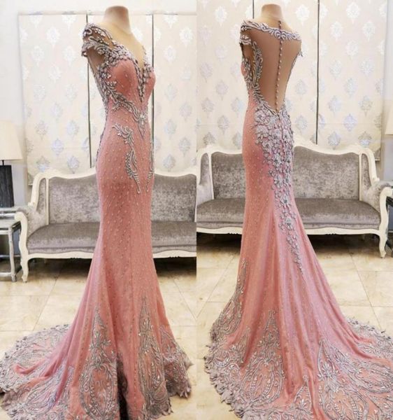 

luxury lace crystals beaded pink evening dresses sheer neck mermaid back covered buttons sweep train saudi arabia party dresses hy5045615, Black;red