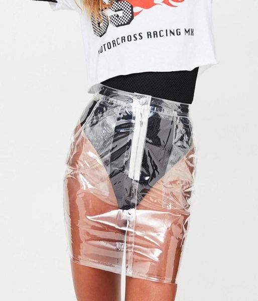 

skirts bodycon transparent high waist mini skirt women waterproof plastic pvc front zipper pencil short4762648, Black