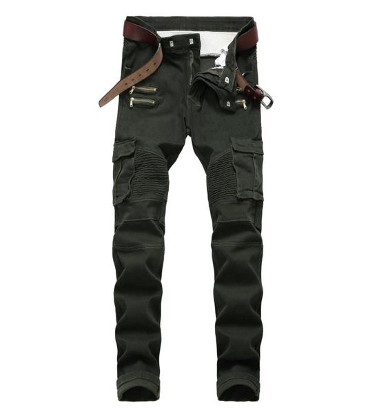 

men jeans biker punk style cargo pocket jeans skinny famous brand mens designer clothes zipper denim pants army green3893101, Blue