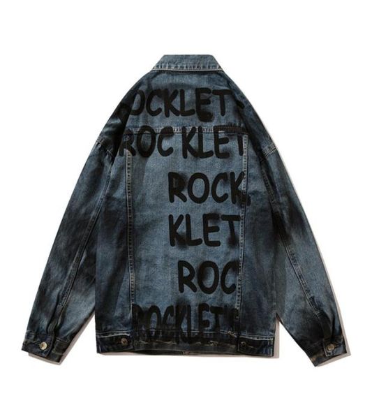 

hole washed letter print men jeans jackets windbreaker oversize high street casual denim coat loose 90804808437743, Black;brown
