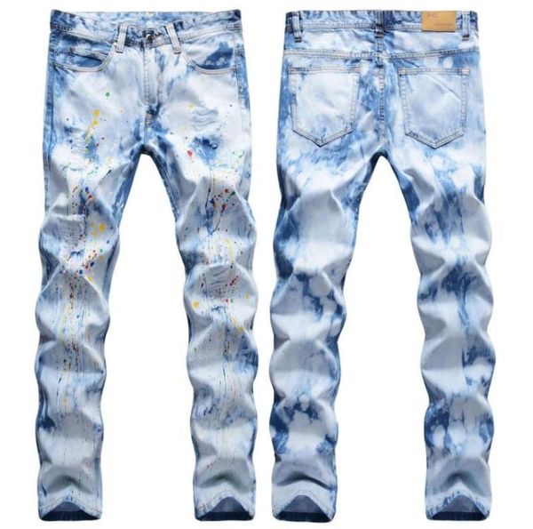 

men039s jeans male casual trousers street fashion handpainted splashing colorful ink holes straight denim pants 17005538023, Blue