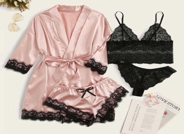 

lace imitation silk multicolor comfortable seductive home clothes four piece set8455972, Black;red