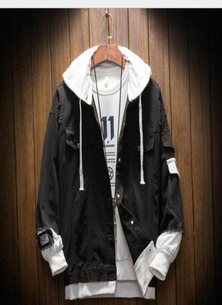 

2020 spring and autumn new men039s fashion loose large youth hooded fake two pieces denim jacket jackets outerwear coats98848142182727, Black;brown