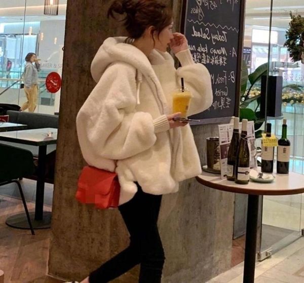 

women039s fur winter autumn loose hooded large size imitation coat youth student white plush jacket cardigan6925329, Black