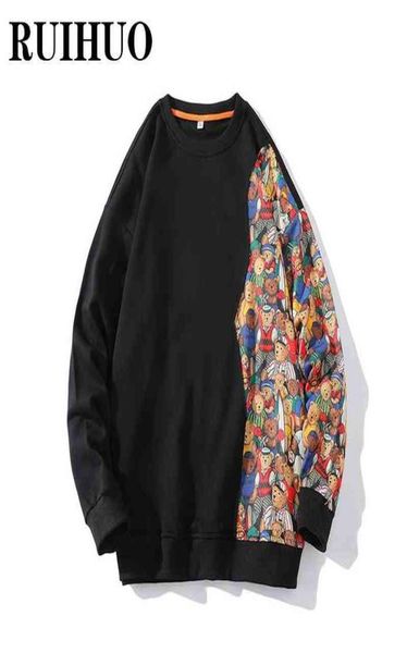 

men039s hoodies sweatshirts ruihuo cartoon bear patchwork pullover sweatshirts men clothing hip hop streetwear men sweetshirts 1664787, Black