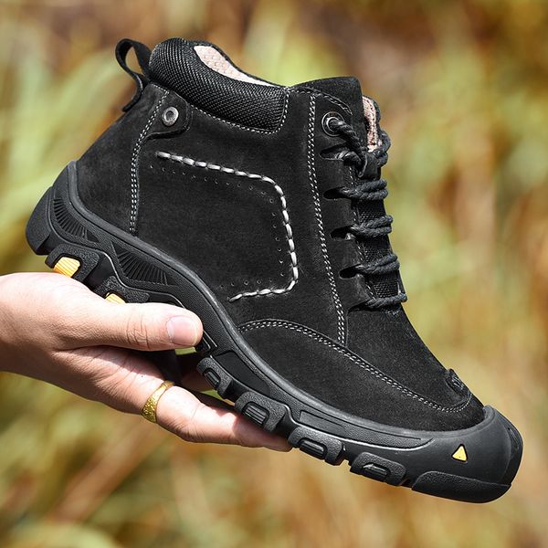 

boots men autumn winter genuine leather boots with fur outdoor shoes men fashion ankle men's boots hiking man snow boots casual shoes 2, Black