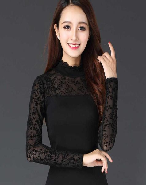 

2022 spring and autumn new style fungus collar mesh lace bottomed shirt thin long sleeve tshirt women039s 5301329185239, White