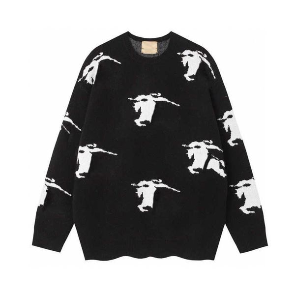 

war horse jacquard sweater round neck hoodie burb designer knitted sweaters casual woolen sweatshirt men women loose pullover coat warm thin, White;black