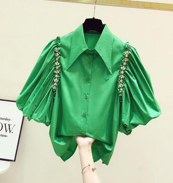 

women's blouses & shirts fashion vintage crumpled blouse puff sleeve rhine green irregular single-breasted shirt womens summer wome5091, White