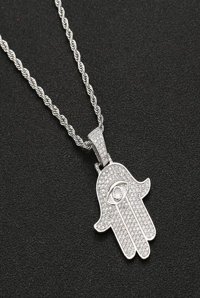 

iced out cubic zirconia bling iced out evil eye fatima hand amulet pendant necklace hip hop silver gold as gifts2429654