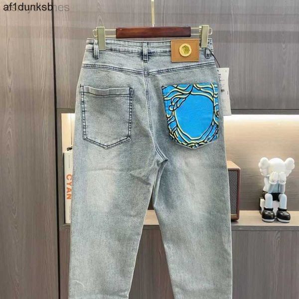 

trousers versages vercaces light closure pants casual fashionable pants medusa wash print zip straight jeans mens leg luxury jeans designer, Blue