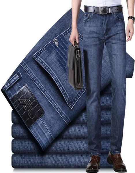 

summer thin men039s jeans regular fit elastic italy eagle brand fashion business pants male smart causal denim trousers9109354, Blue