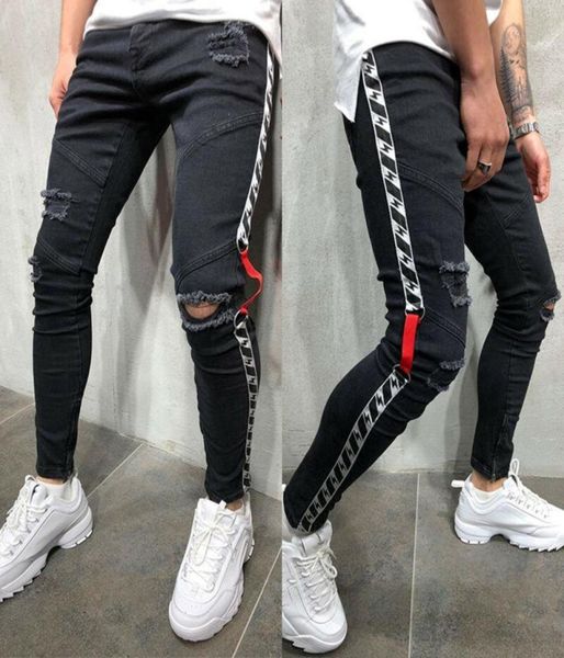 

black men skinny jeans distressed ripped frayed denim pants stylish new long trousers5777393, Blue