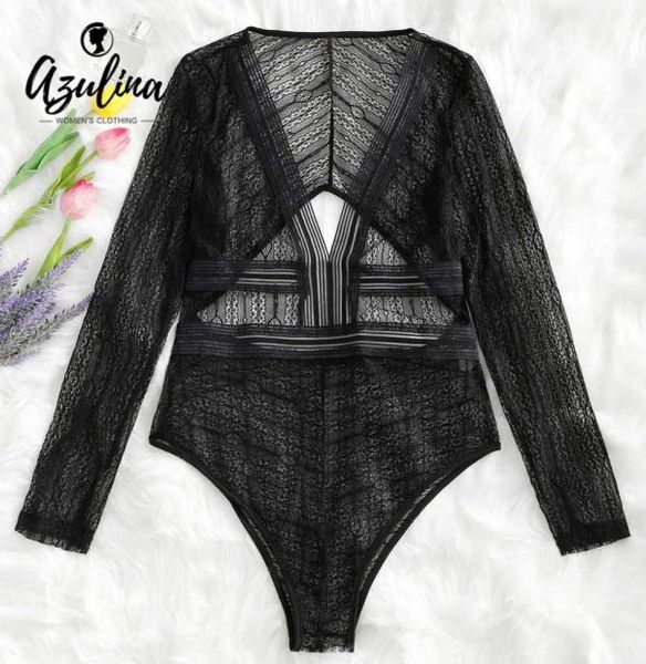 

20187 azulina cut out plunge sheer long sleeve bodysuit seethru lace women rompers summer fall solid jumpsuits ladies overal8567874, Black;white