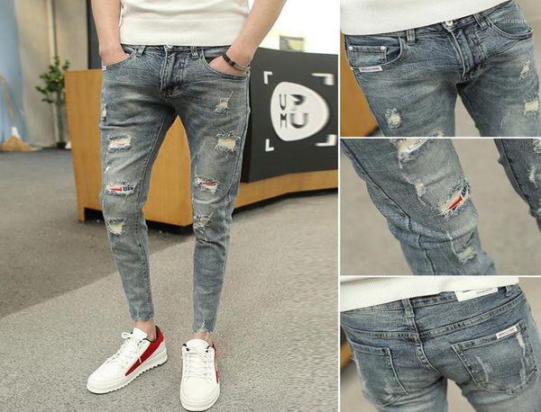 

trendy 2022 men039s jeans summer ankle length pants ripped hole slim skinny feet social guy teenagers men1739490, Blue