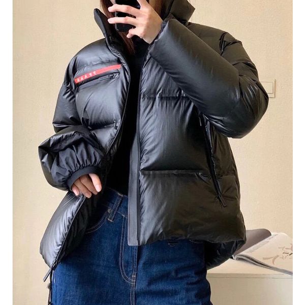 

8.21 windproof waterproof keep warm letter hooded drawstring zipper down coat women men, Black