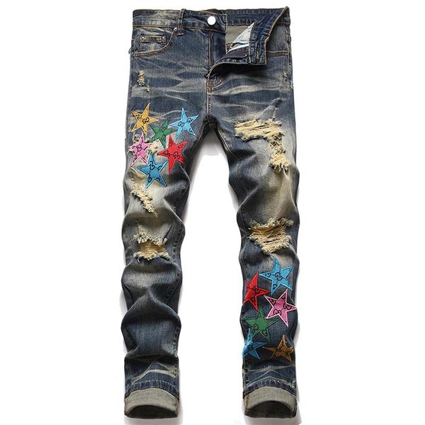 

retro stretch slim mens jeans fashion designer ripped hole denim pants men embroidery five-pointed star trousers pantalons pour ho186p, Blue