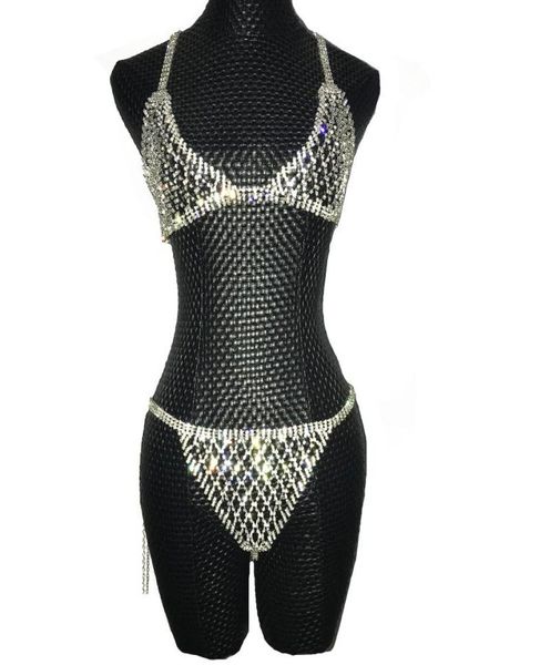 

silver crystals chains bikini bra underwear birthday dance party wear two piece set female singer bling costume stage7841028, Black;red