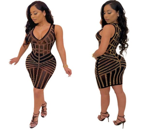 

2019 women sleeveless party dress summer club mesh dress transparent sparkly rhine deep v neck elegant short bodycon mini dress1354562, Black;gray