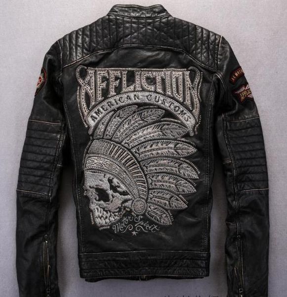 

street fashion affliction men motorcycle genuine leather jacket with indian skull head embroidery2105543, Black