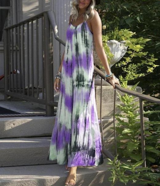 

casual dresses summer women loose maxi dress sleeveless tie dye stripe printed long bohemian sling female beach sundress plus size5023590, Black;gray