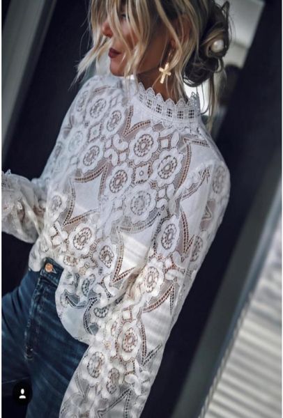 

new design women039s stand collar lantern style long sleeve perspective lace crochet floral loose plus size blouse shirt4801748, White
