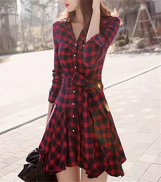 

women long sleeve plaid party evening cocktail beach skirt mini short dress6980364, Black;gray