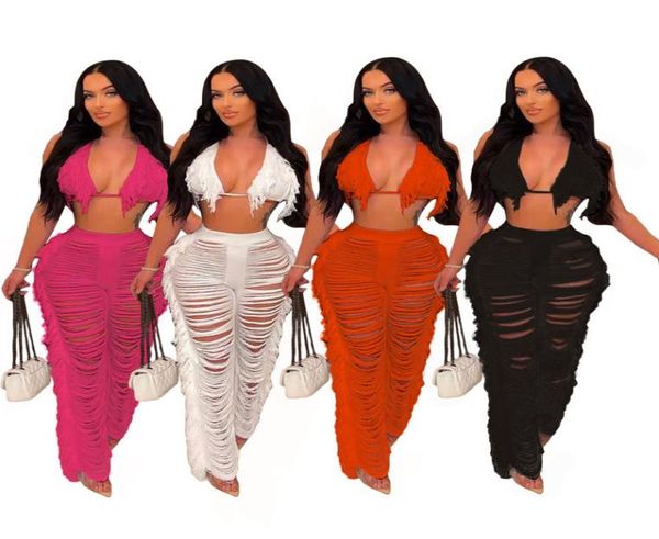 

echoine summer white tassel bra nd tassel pants set hollow out see through two pieces set beach party outfits4718147