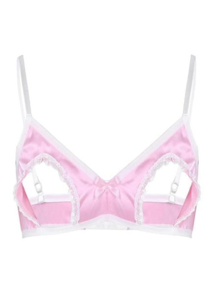 

mens sissy lingerie open cup lace bra soft smooth satin spaghetti straps hollow out nipples wire no padded bras2090113, Red;black