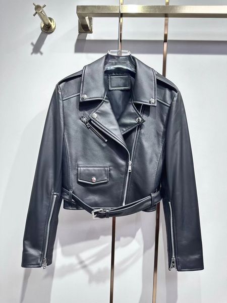 

classic women designer short jackets black genuine leather slim fit sheepskin short jacket lapel neck outdoor motorcycle biker coat fashion
