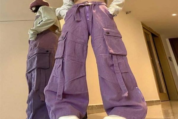 

women039s capris elastic high waisted cargo with belt casual pocket loose vintage harajuku streetwear wide leg pants korean pur7313609, Black;white