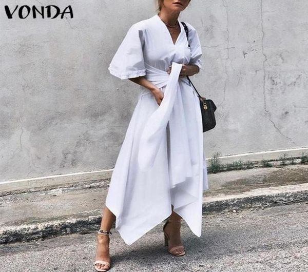 

vonda summer dress vintage long maxi dres short sleeve v neck asymmetrical high waist party vestidos plus size y2001017670591, White;black