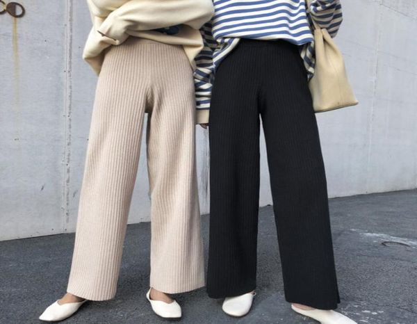 

2019 korean women trousers autumn winter knitted wide leg pants elastic high waist female casual loose pant2682413, Black;white