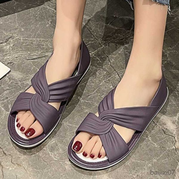 

sandals summer new flat slip on sandals for women 2023 fashion outdoot women's beach shoes open toe breathable shoes r230821, Black