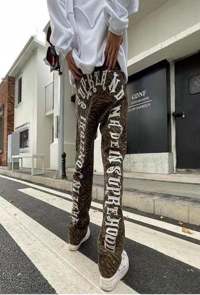 

letter embroidery leopard washed mens jeans pants ripped frayed oversized loose style casual denim trousers61267407813932, Blue