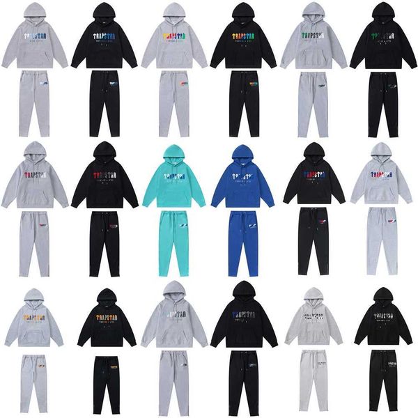 

american fashion brand autumn/winter trapstar tiger head towel colorful embroidery hooded velvet sweater pants men's and women's, Black