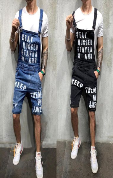

fashion men039s hole jeans jumpsuits shorts summer streetwear distressed denim bib overalls for man suspender pants1254203, Blue