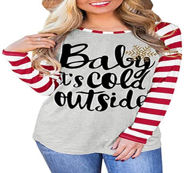 

xmas baby is cold outside striped long sleeve cotton t shirt for women patchwork blusas christmas t shirt2261431, White