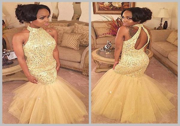 

gold mermaid prom dress halter neck backless black girl formal sweep train evening party gown custom made plus size9733618