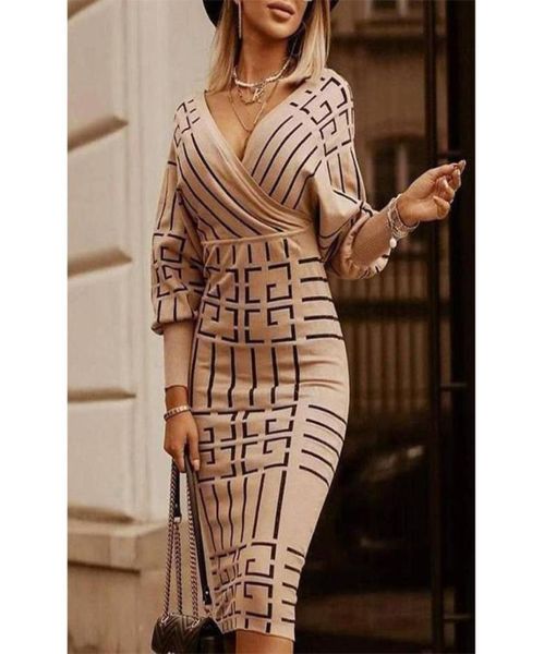 

women vneck strip geometric print slim high waist sheath bodycon dress 2021 autumn winter female casual party knit dresses1162519, Black;gray