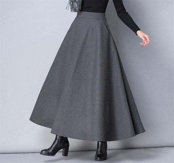 

winter women long woolen skirt fashion high waist basic wool skirts female casual thick warm elastic aline maxi skirts o8397012012, Black